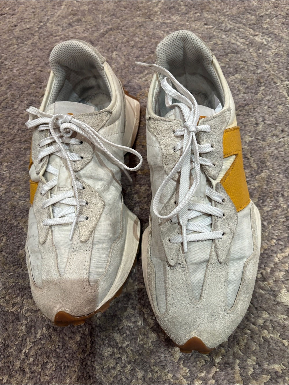 New Balance Women's White and Yellow 327 Sneakers in 40